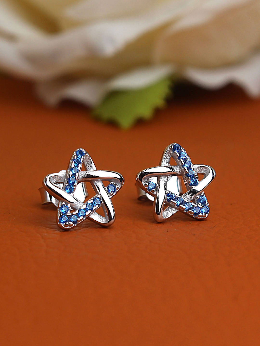 DEVASHREE 925 Silver Rhodium-Plated Sapphire Cubic Zirconia Studded Star Shaped Studs