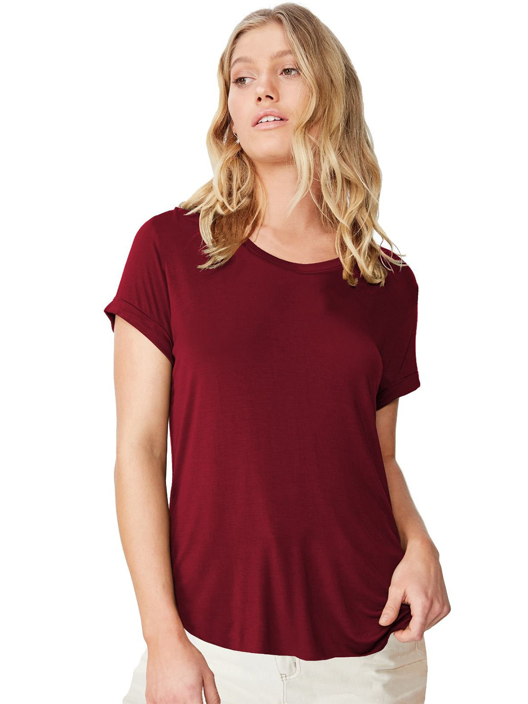 FABRICORN Solid Cotton Round Neck Short Sleeves Top
