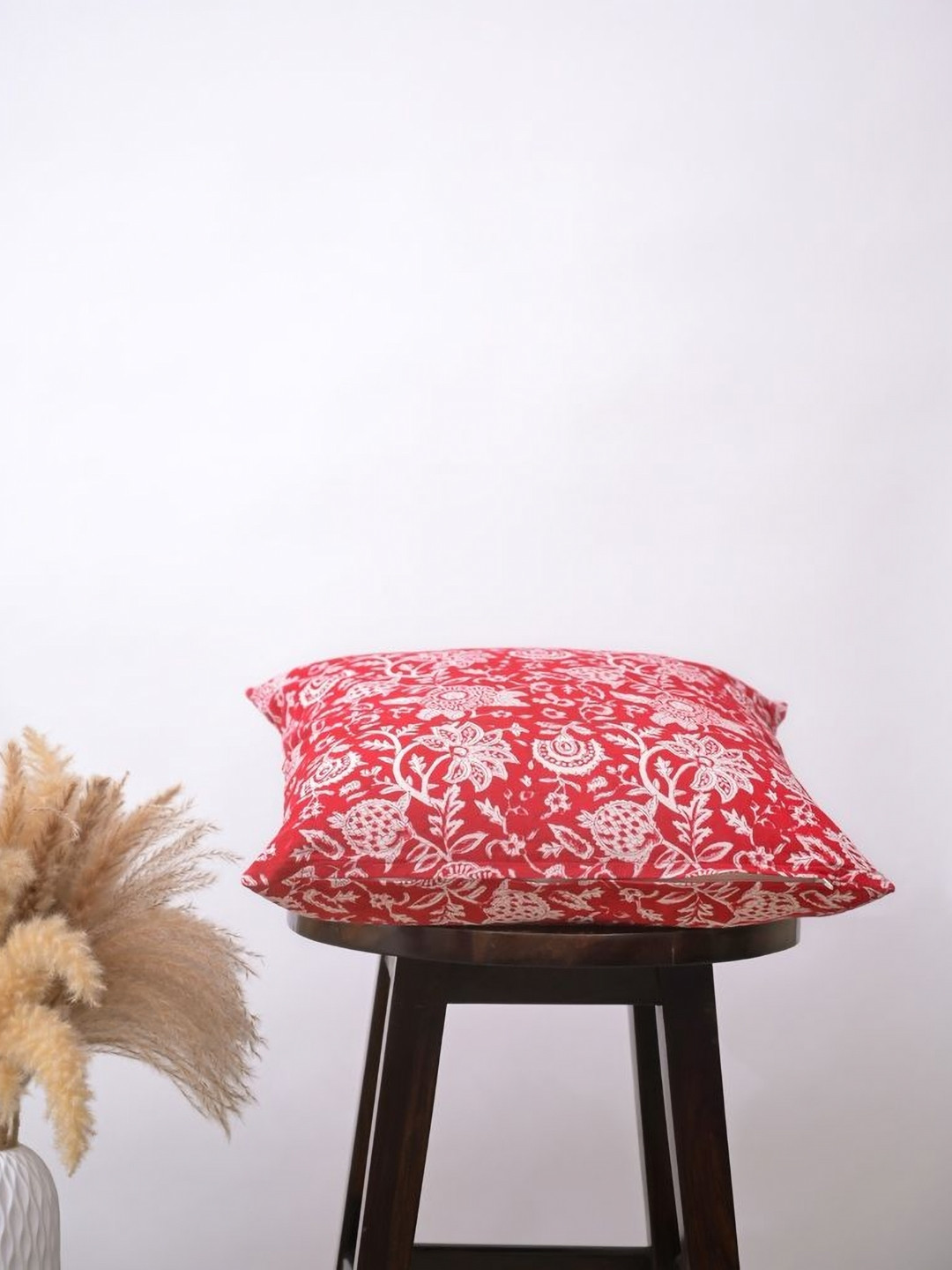 Block N Style Red Floral Cotton Breathable Square Cushion Cover -18x18In