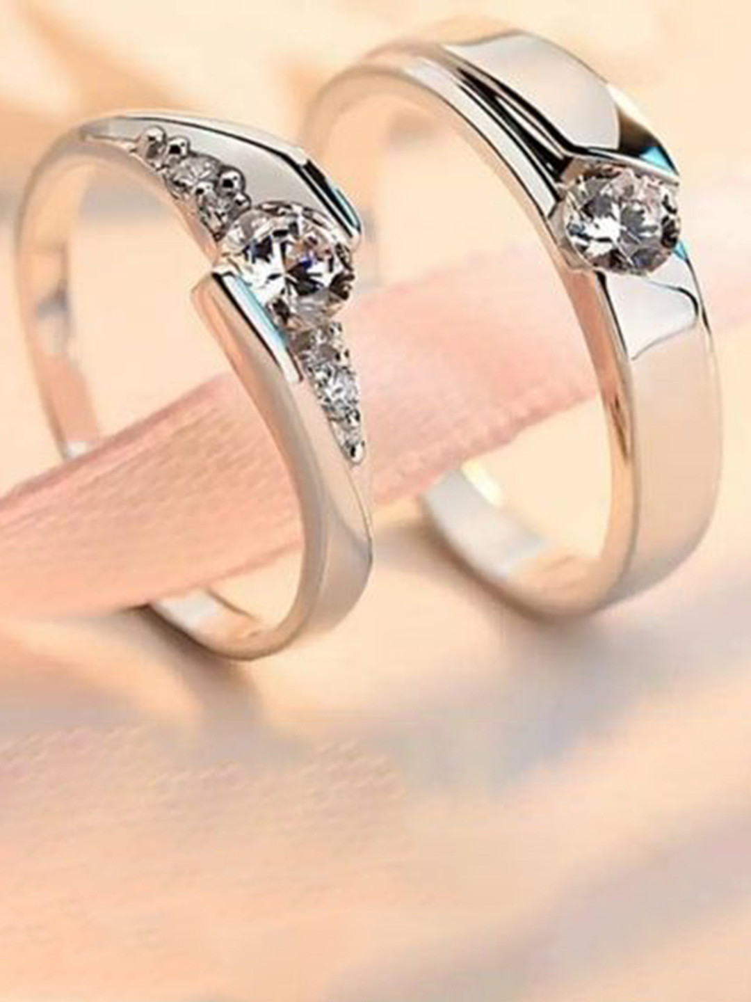 Omaya Jewels Set of 2 Silver-Plated Artificial Stone-Studded Couple Finger Rings