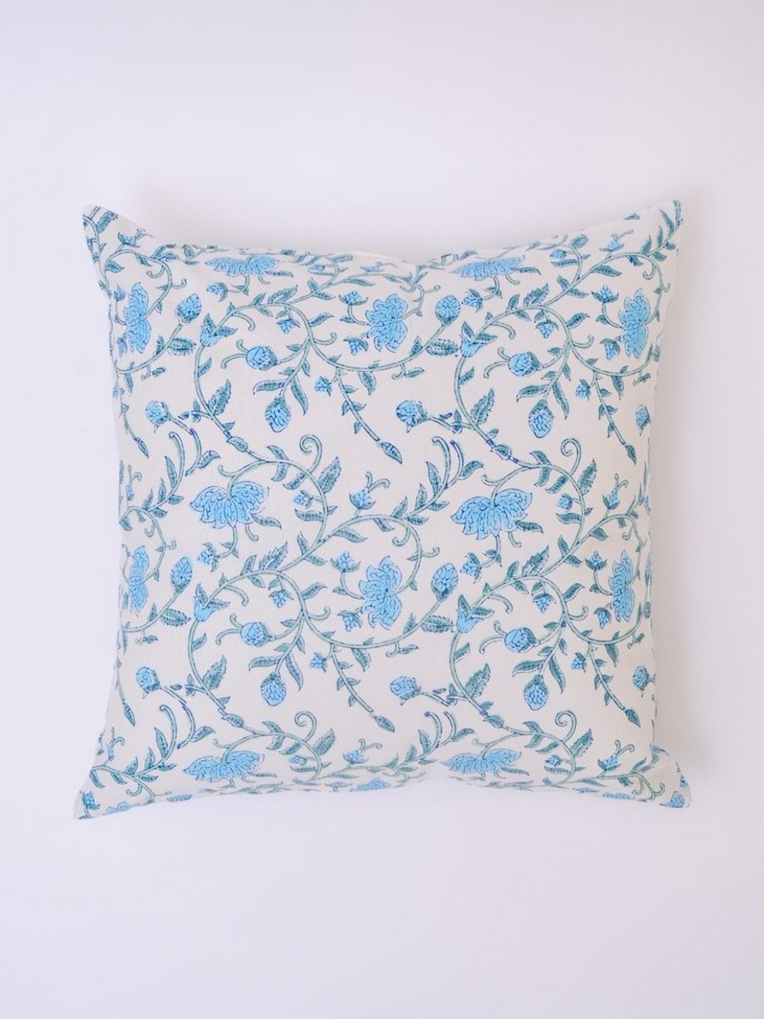 Block N Style Damokles White & Blue Floral Printed Cotton Square Cushion Cover