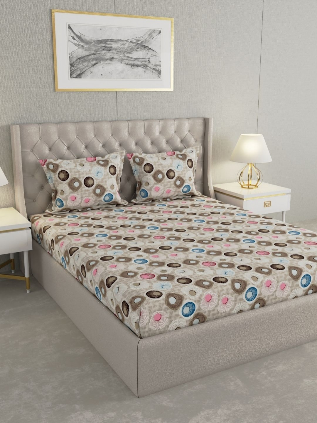 Raymond Home Hazel White Geometric Microfiber Queen Fine Bedsheet with 2 Pillow Covers-98 x 89 inches