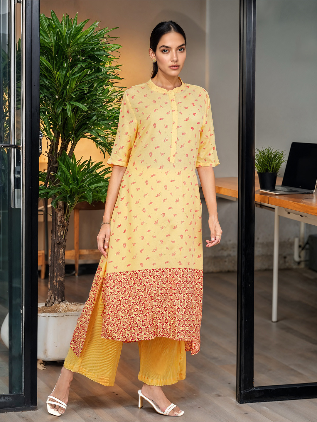 Anouk Printed High-Low Kurta with Pleated Palazzos
