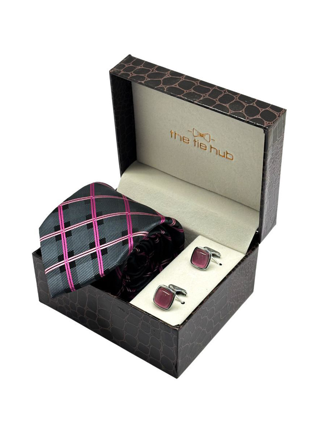 The Tie Hub Men Checkered Microfiber Necktie with Cufflinks Combo Accessory Gift Set