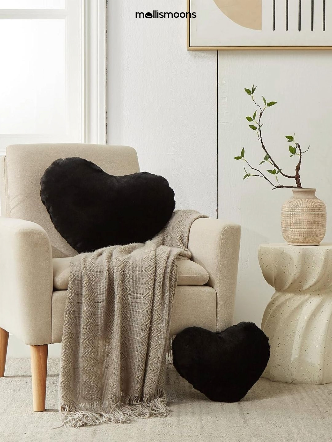 Mollismoons Black Heart Shaped Ultra Fluffy & Soft Pre-Filled Cushion