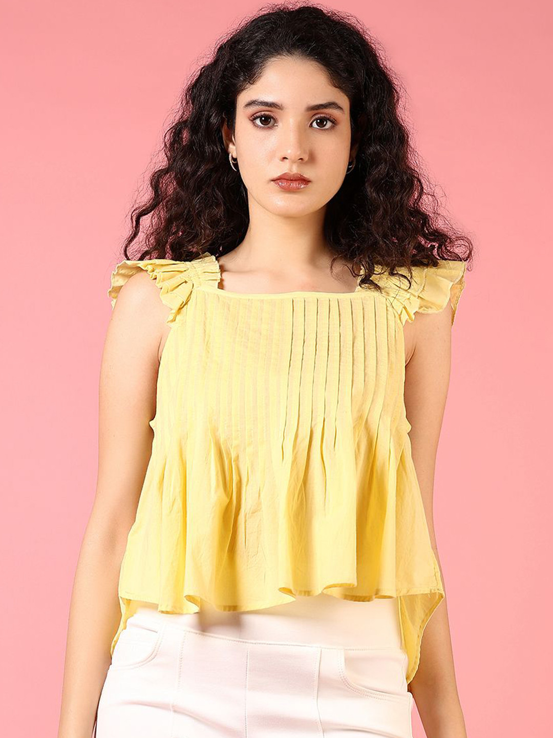 V-Mart Flutter Sleeve Square Neck Pleated Cotton High Low Top