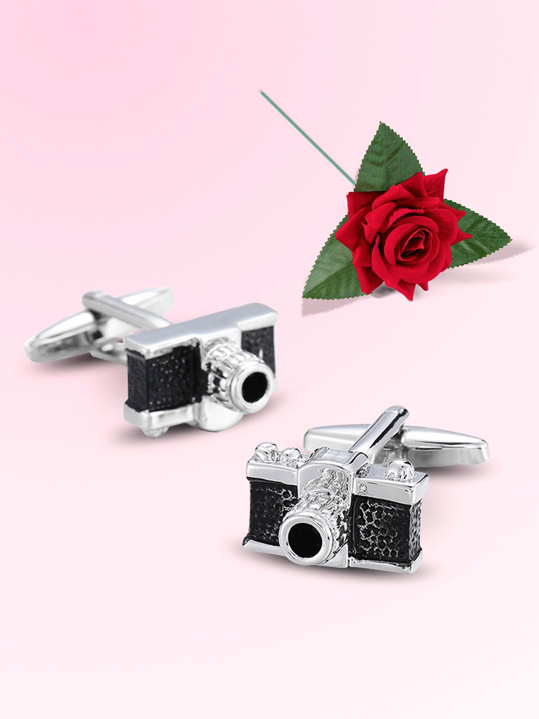 Peora Camera Cufflinks With Red Rose