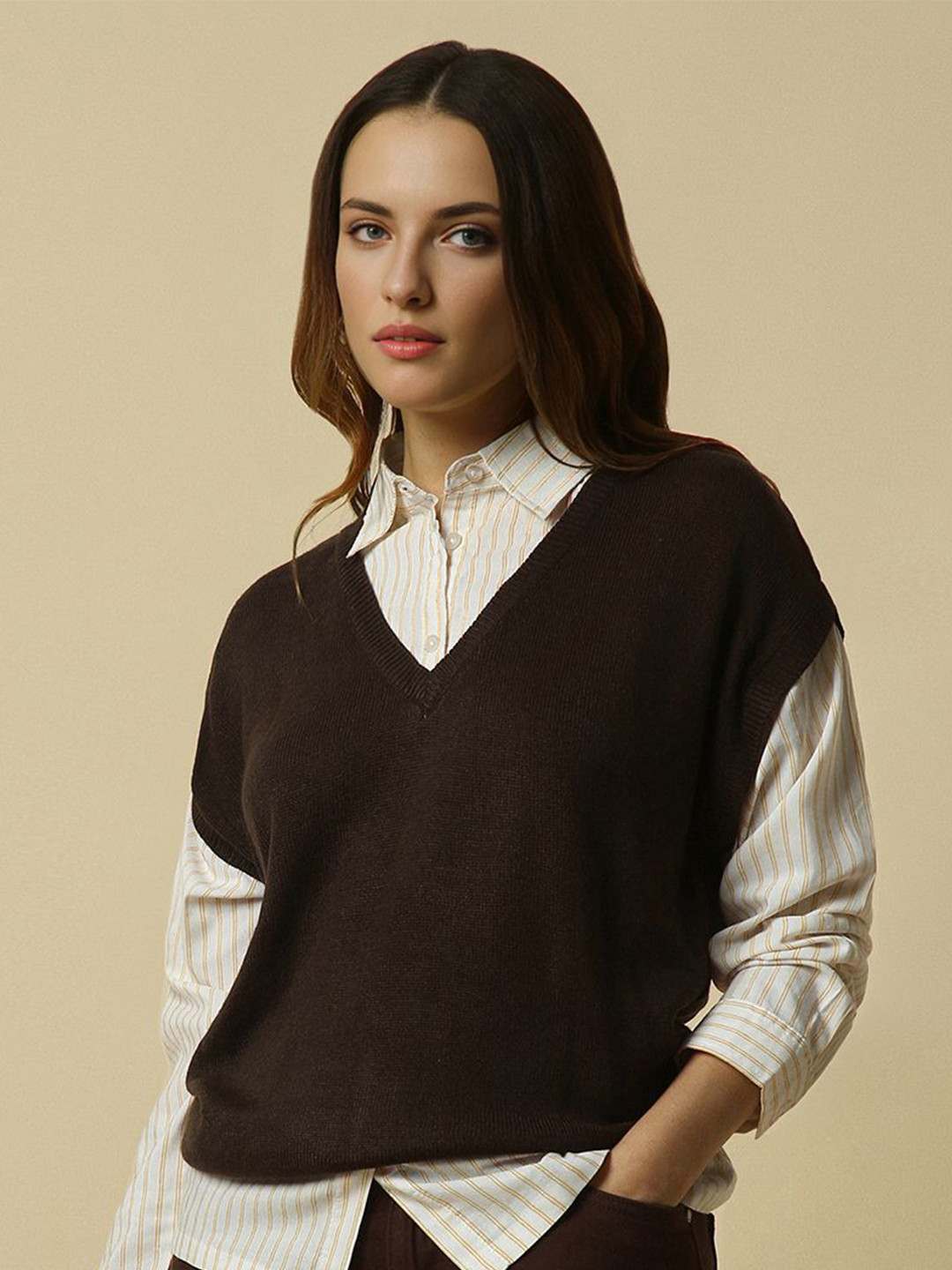 Allen Solly Woman Textured V Neck Casual Sweater Vest