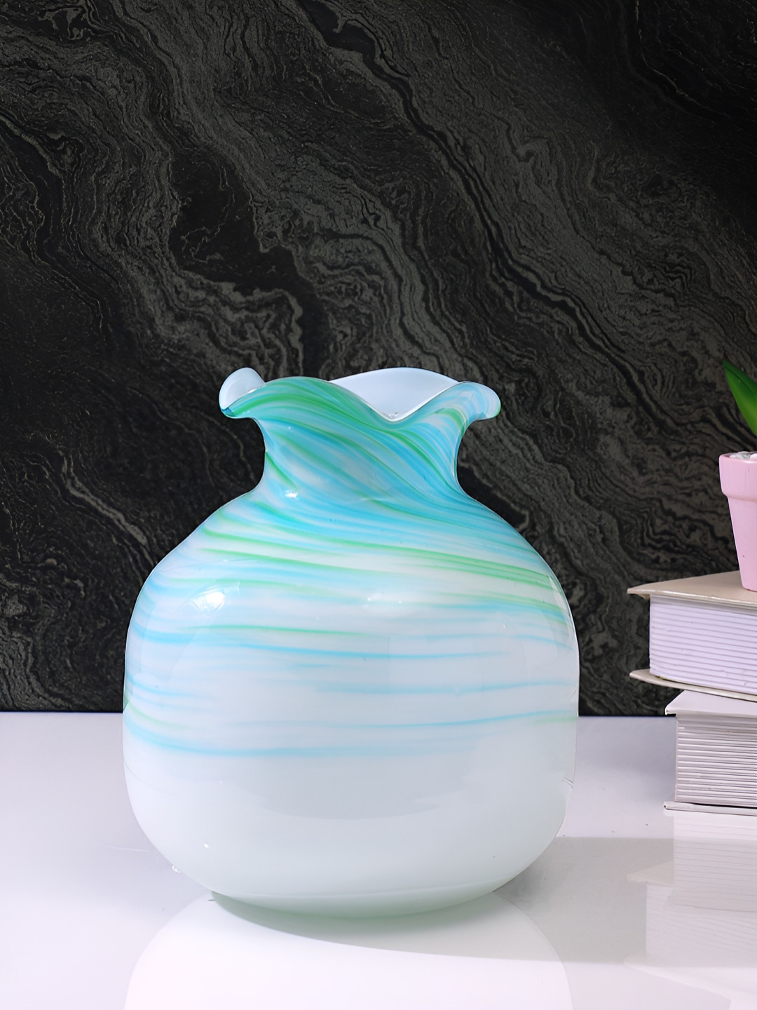 Myntra Elegant Homes Green & Blue Printed Marble Glass Flower Vase