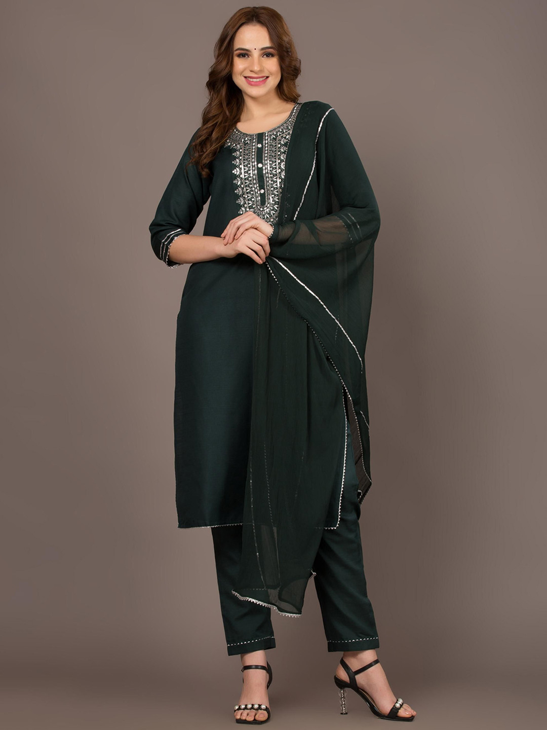 SURMEDANI Floral Yoke Design Embroidered Straight Kurta With Trousers & Dupatta