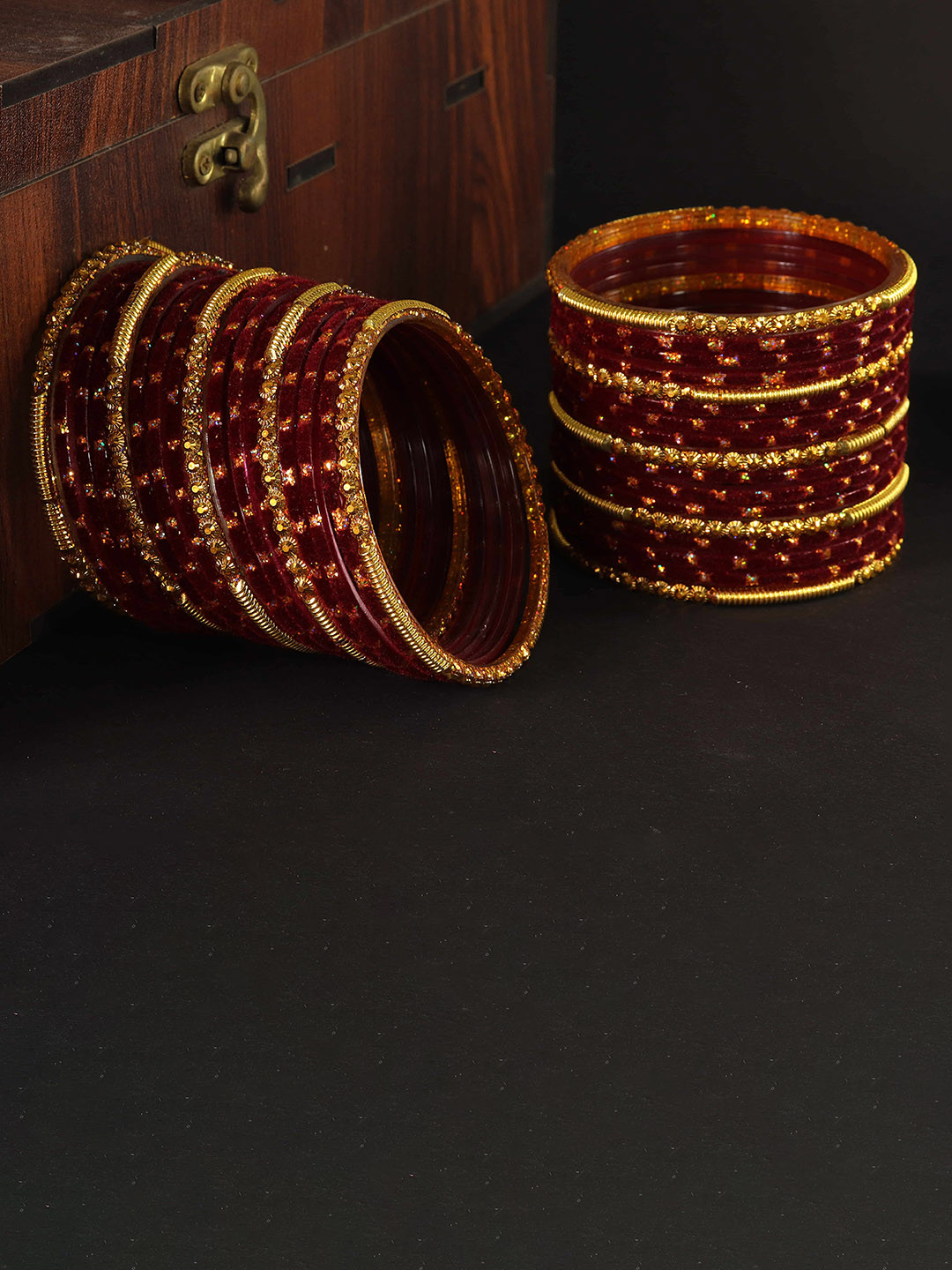 ZULKA Set Of 34 Gold-Plated Glass & Golden Beads Velvet- Studded Bangles