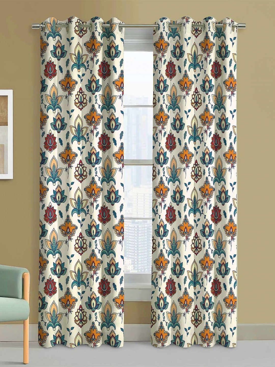 Steve & Anderson Indian Motifs White 2 Piece Printed Black Out Door Curtain (7 Feet)