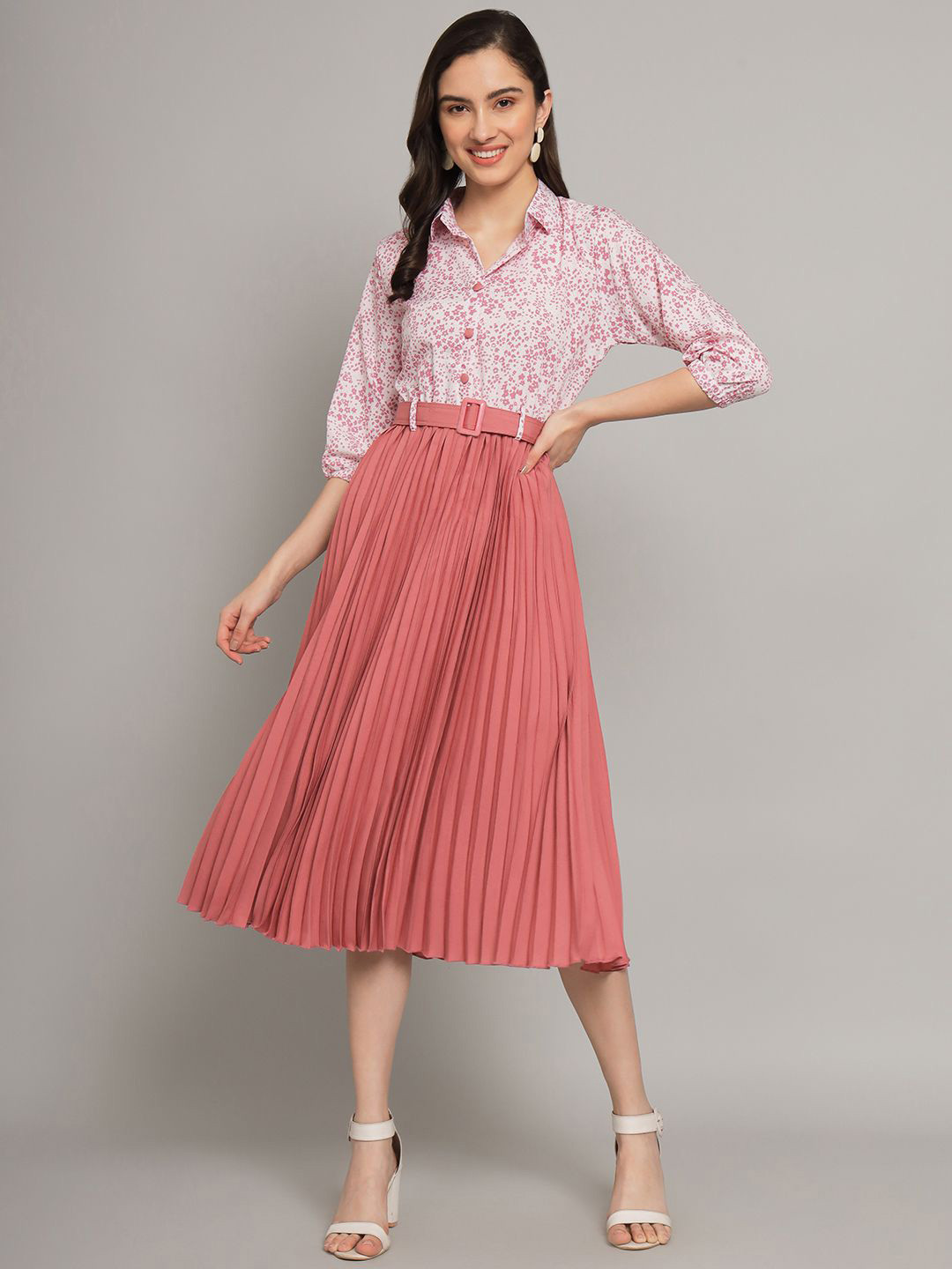 ZWERLON Women Shirt Style A-Line Belted Midi Dress With Accordion Pleats