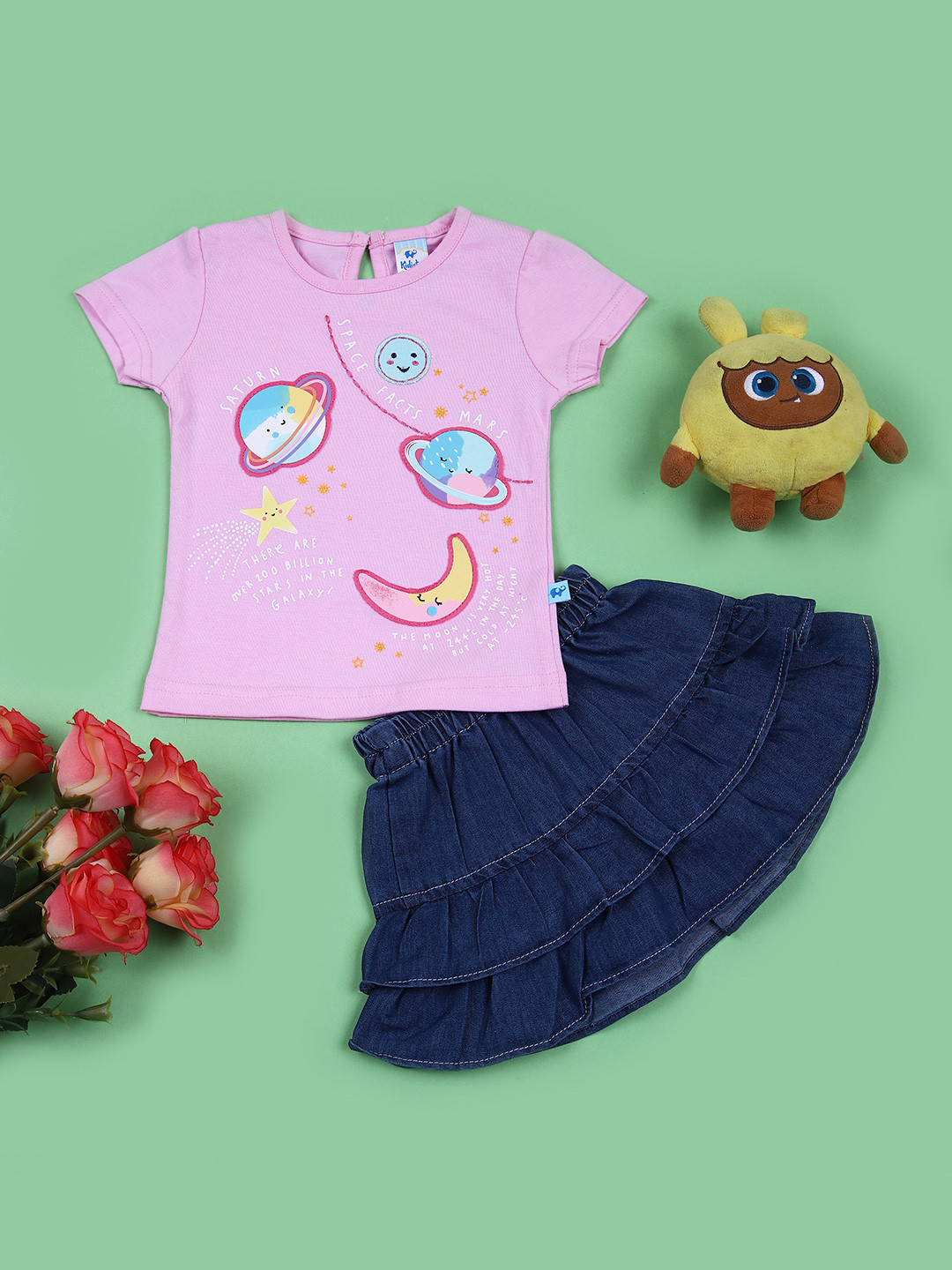 V-Mart Infant Girls Printed Round Neck Top With Skirt