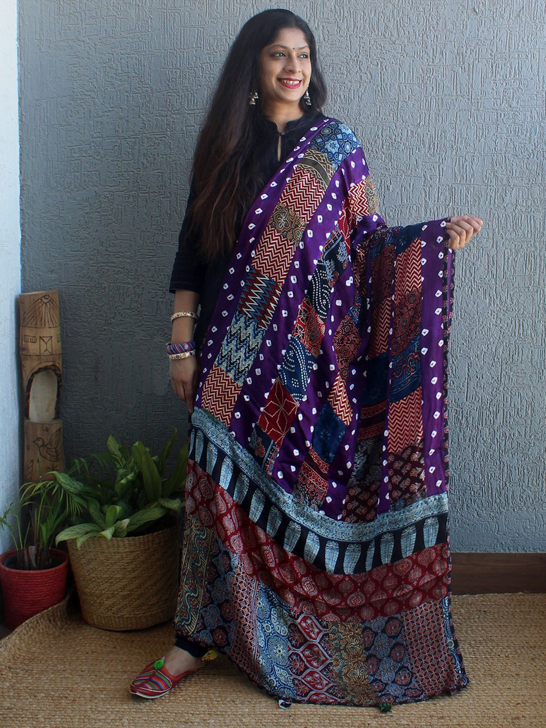 Weaves of Tradition Ethnic Motifs Block Printed Modal Silk Dupatta With Patchwork