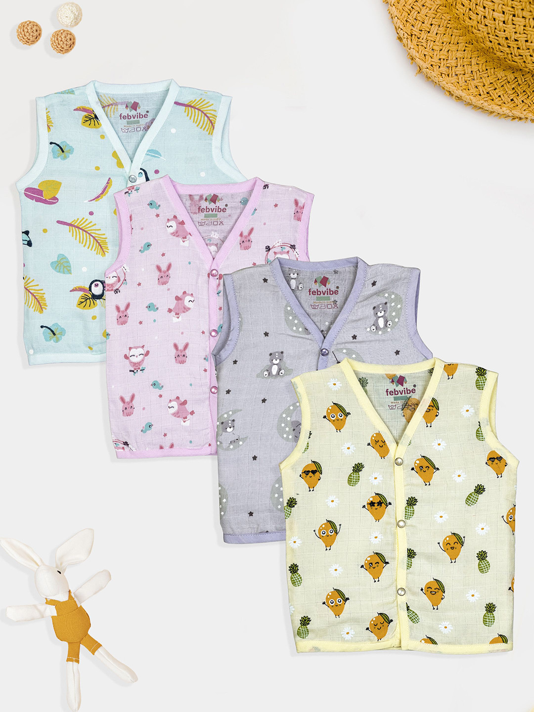 FEBVIBE Kids Pack Of 4 Printed Pure Organic Cotton JhablasFV-MUS-DYED-JAB-SET-03-0-3M