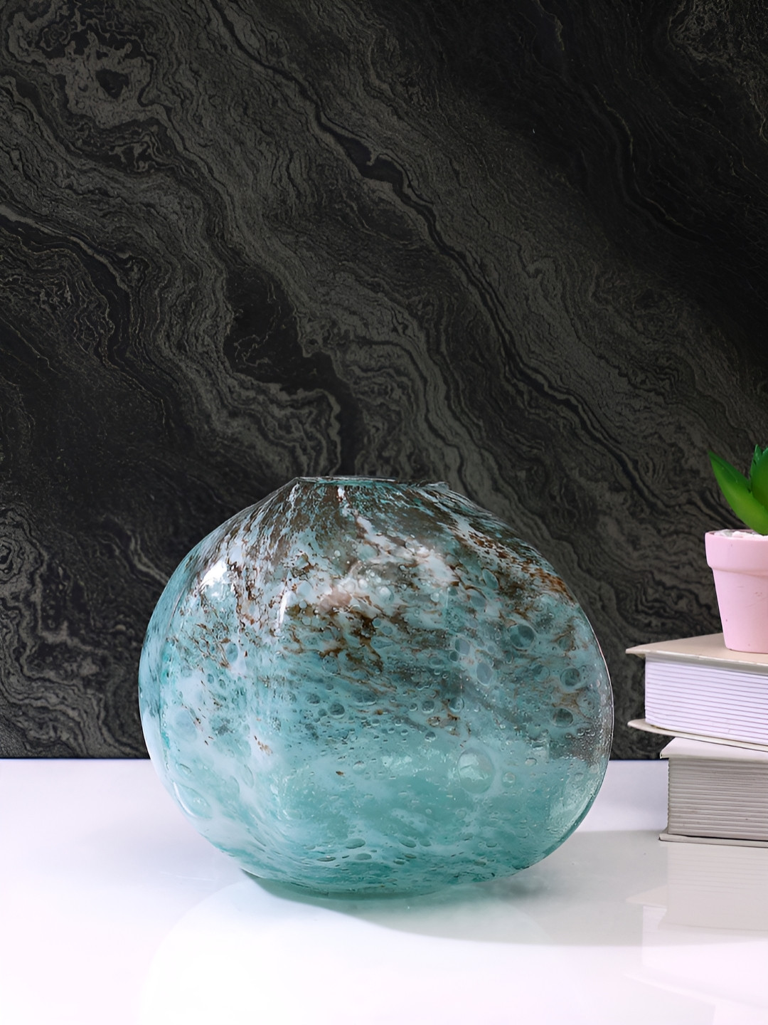 TAYHAA Turquoise Blue & Brown Ridged Glass Flower Vase