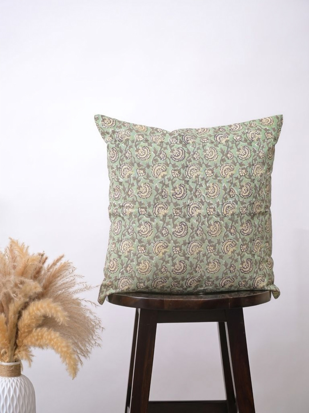 Block N Style Acantha Green & Beige Floral Printed Cotton Square Cushion Cover