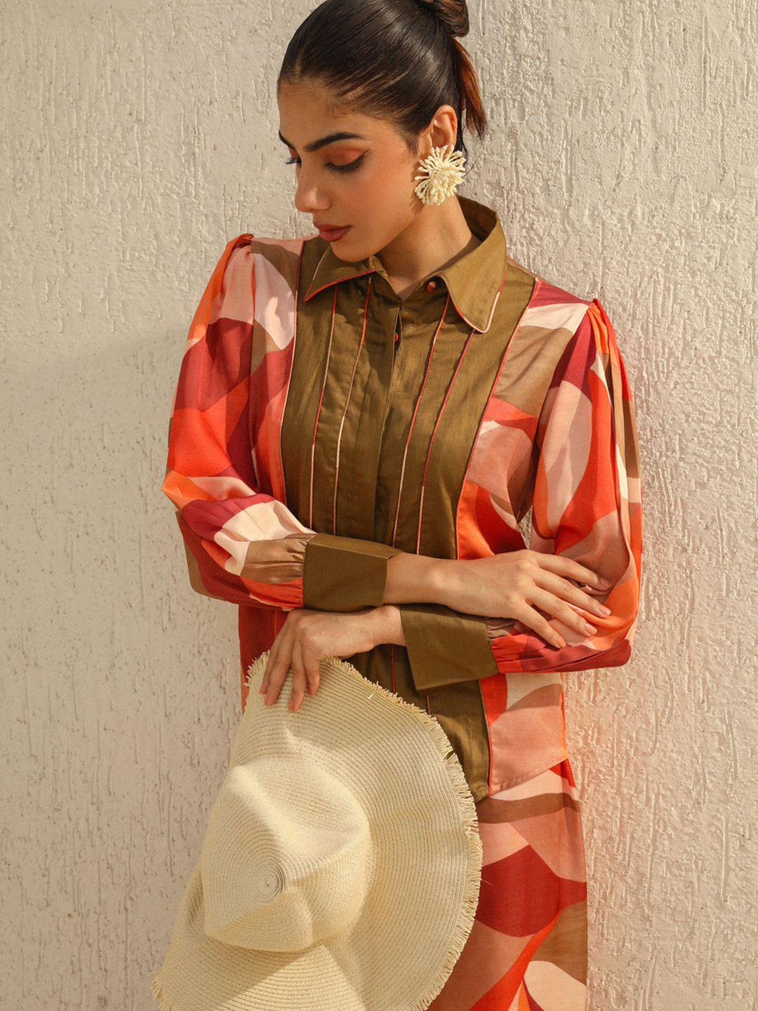 YA-SA Women Comfort Fit Spread Collar Abstract Printed Linen Casual Shirt