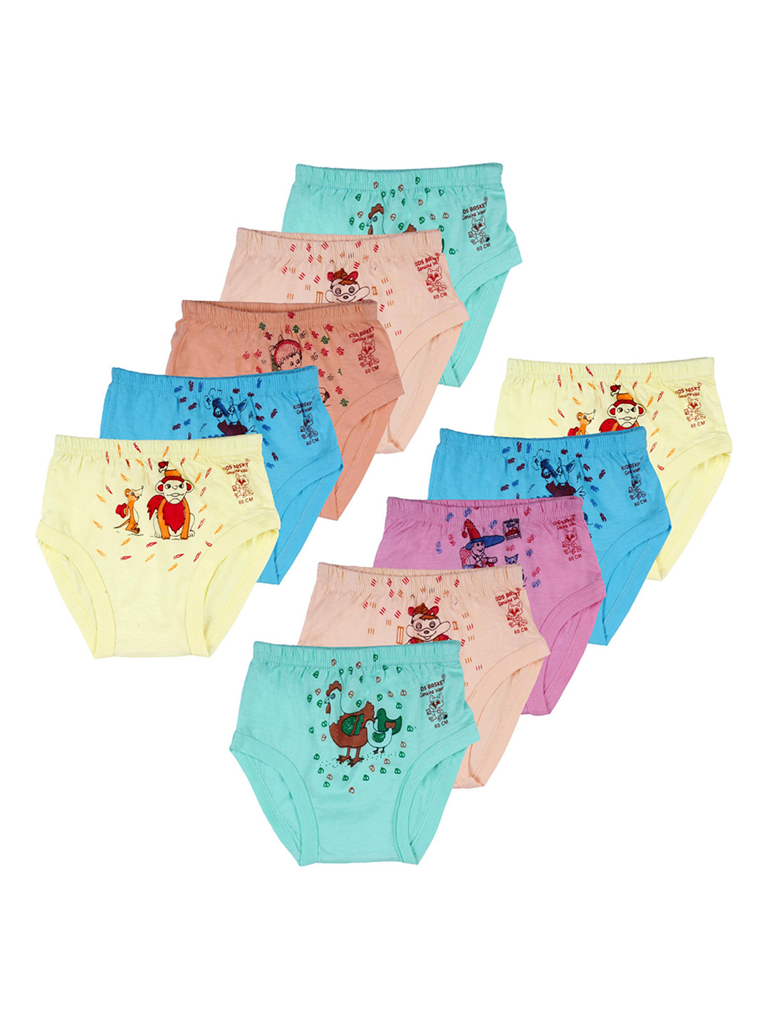 Kids Basket Girls Pack Of 10 Printed High Rise Briefs - M-GY-KBFROOTY-JAT-10PC
