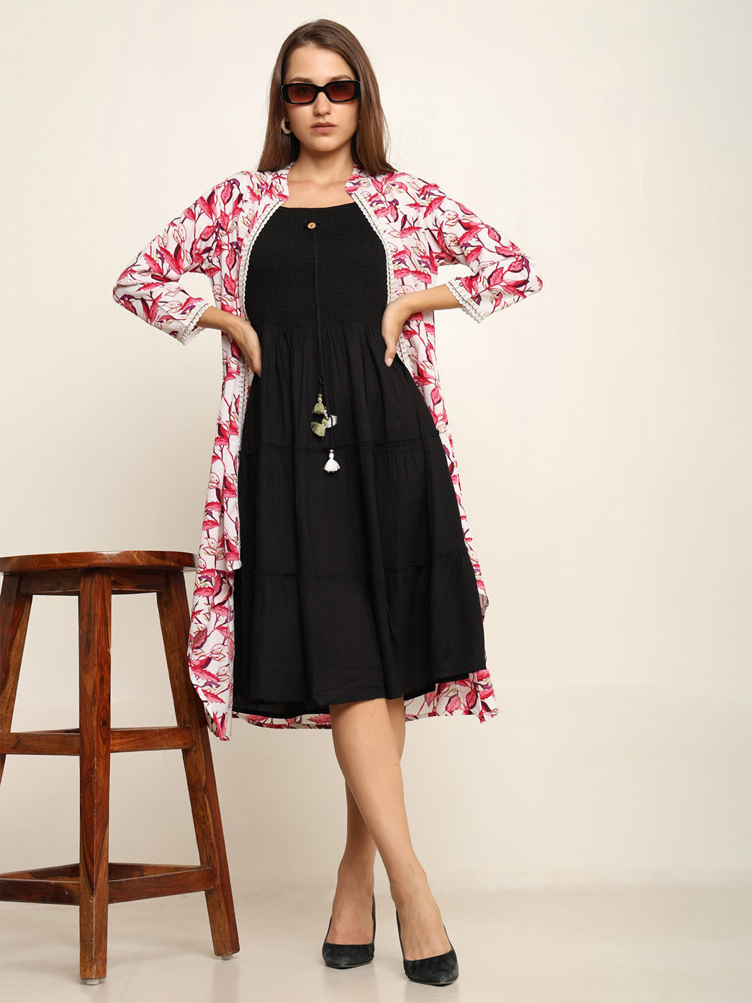 NG FASHION Shoulder Straps Sleeveless Smocked Tiered Fit & Flare Dress With Shrug