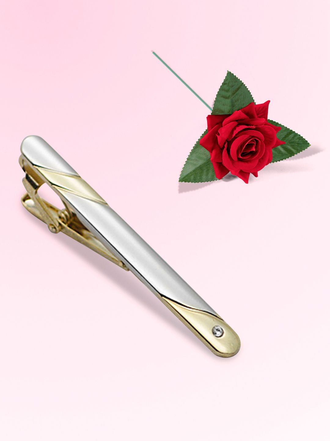 Peora Stainless Steel Artificial Stone Studded Tie Pin With Red Rose