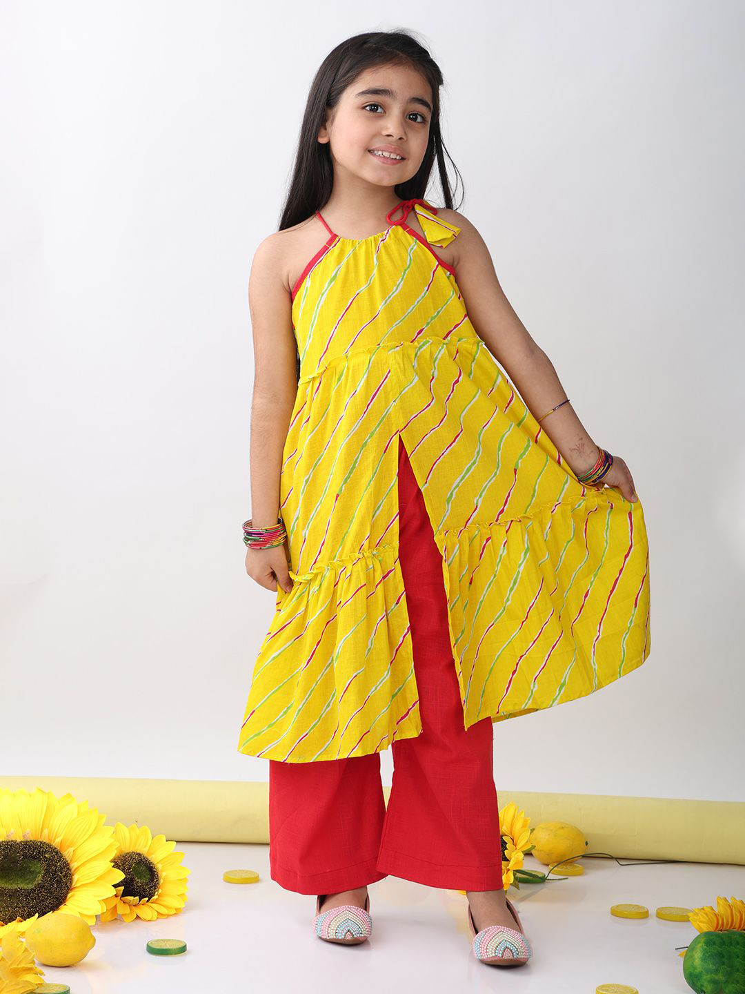 Sangria Girls Leheriya Printed Pure Cotton Tiered A-Line Kurta With Palazzo