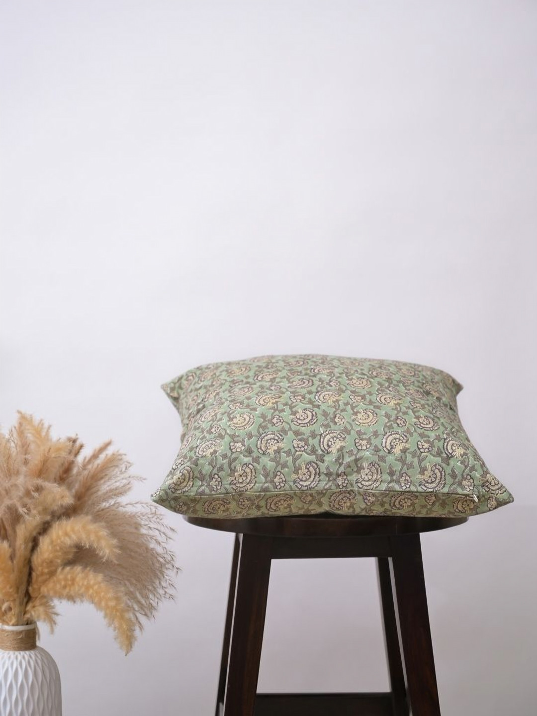 Block N Style Acantha Green & Beige Floral Printed Cotton Square Cushion Cover