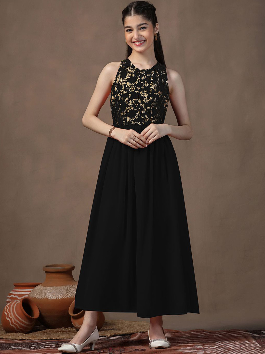 FASHION DREAM Foil Printed Fit And Flare Ethnic Dresses