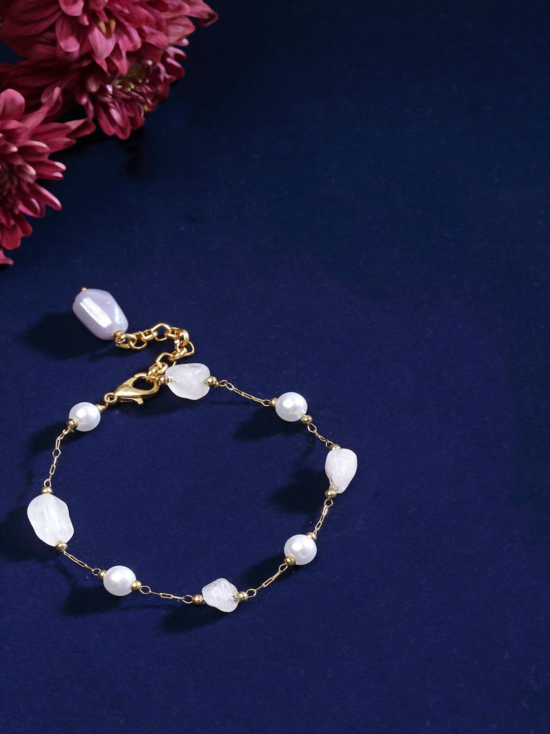 DUGRISTYLE Gurhal Silver-Plated Artificial Stones Studded Link Bracelet