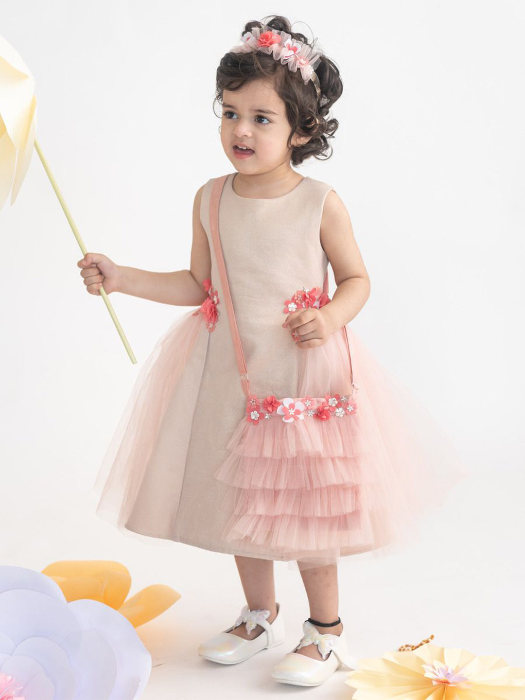 A Little Fable Girls Tulle Fit & Flare Midi Dress With Bag