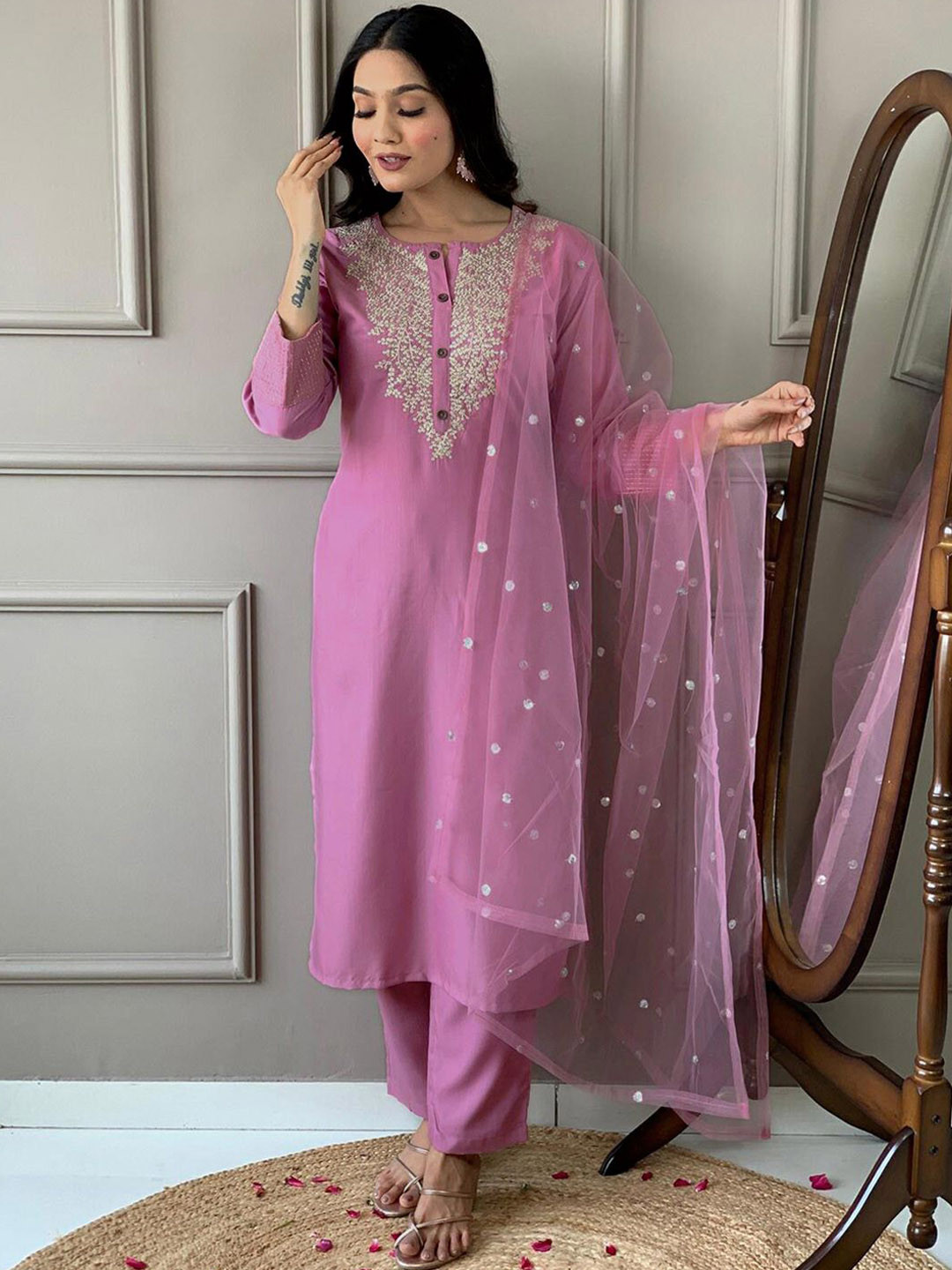 GUNVANTI FAB Riva Floral Yoke Design Round Neck Straight Kurta With Trousers & Dupatta