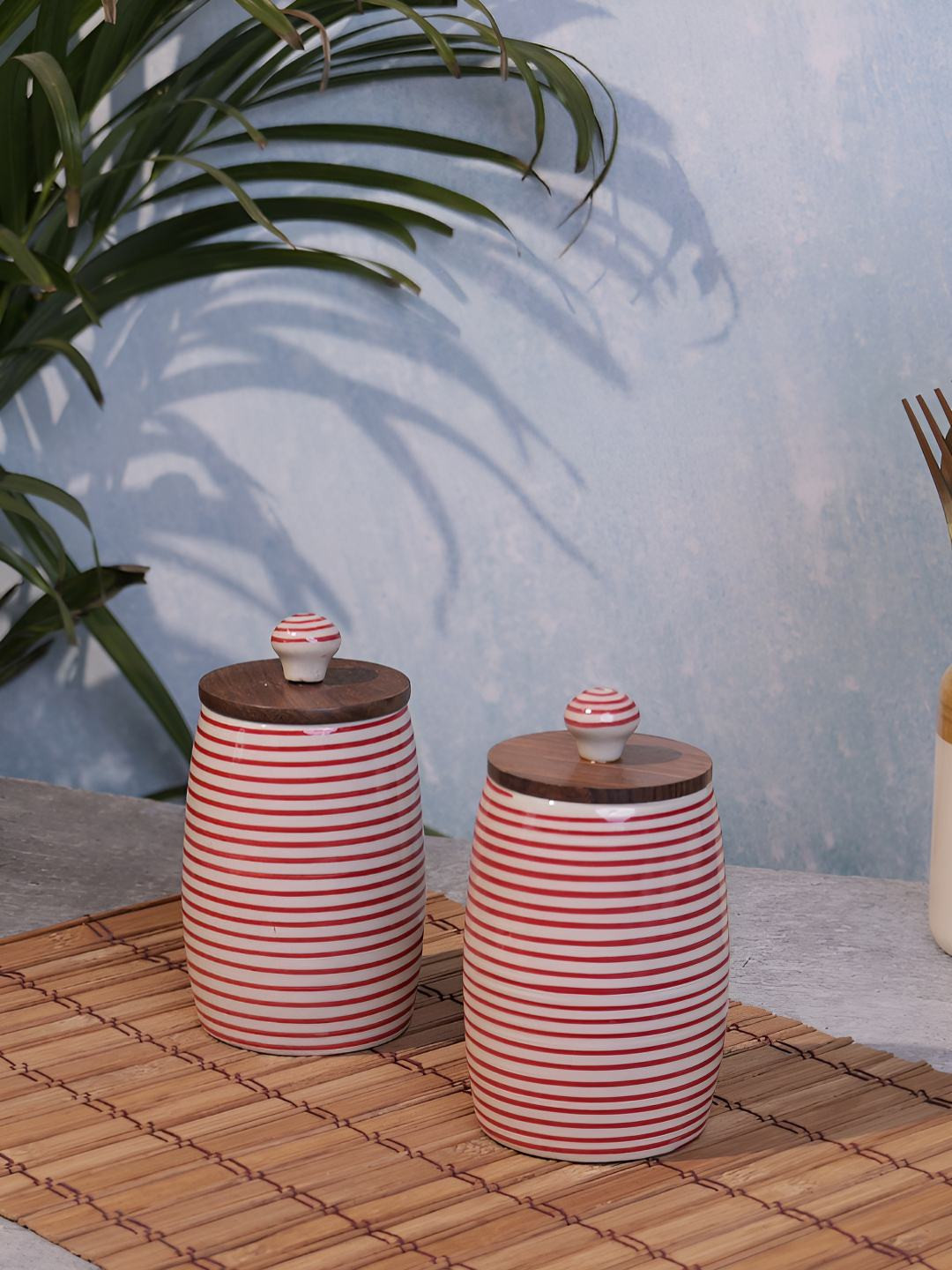 Myntra Elegant Homes Red Striped Ceramic Leak Resistant 2 Piece Flip Top Canister-300ml