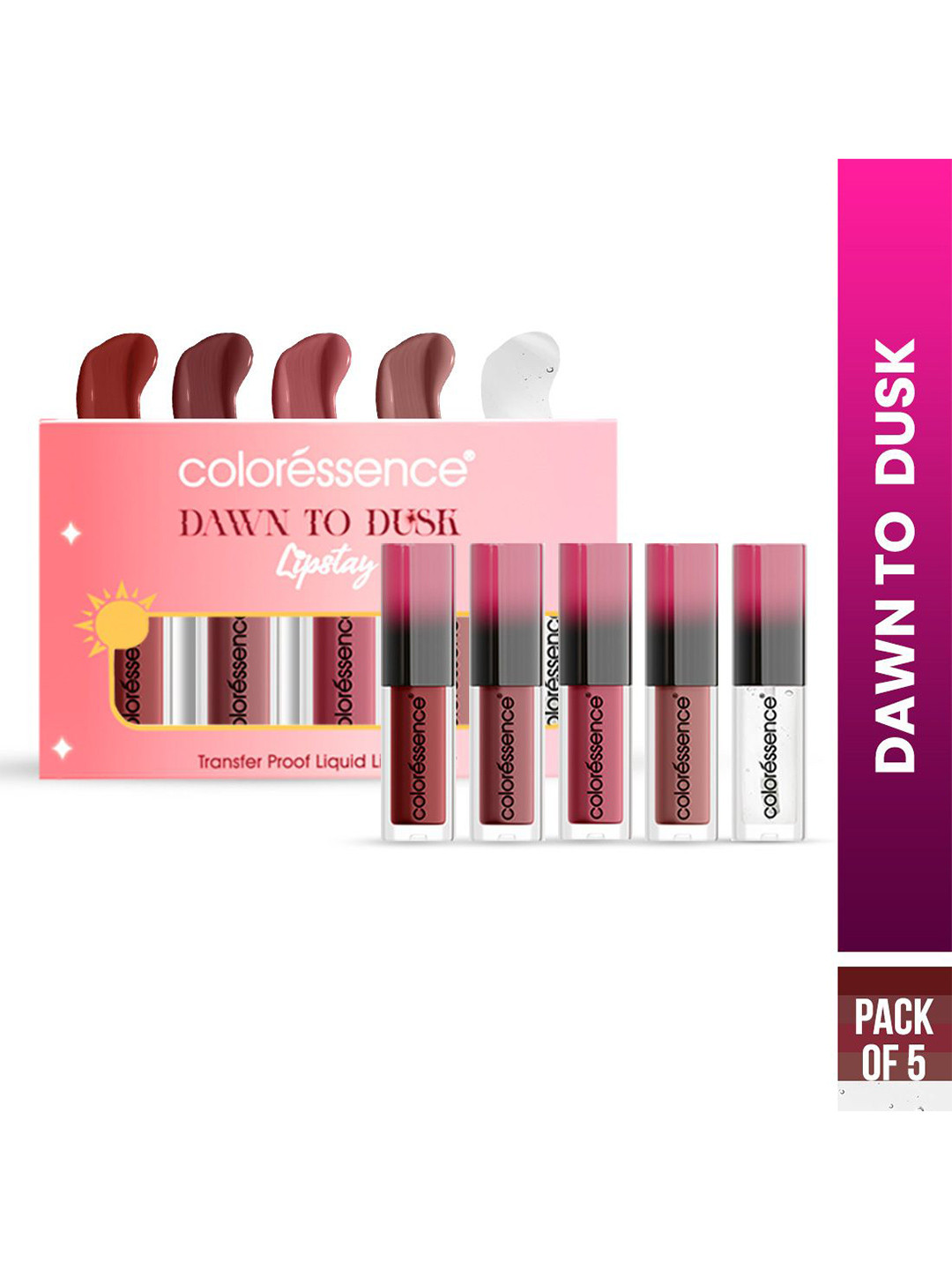 Coloressence Set Of 5 Waterproof Liquid Lipstick - 5 ml Each - Dawn To Dusk