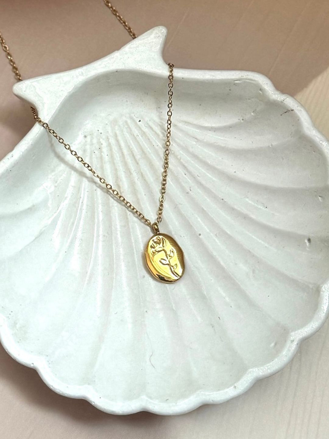 BEYTER Gold-Plated Stainless Steel Oval Rose Charm Pendant With Chain
