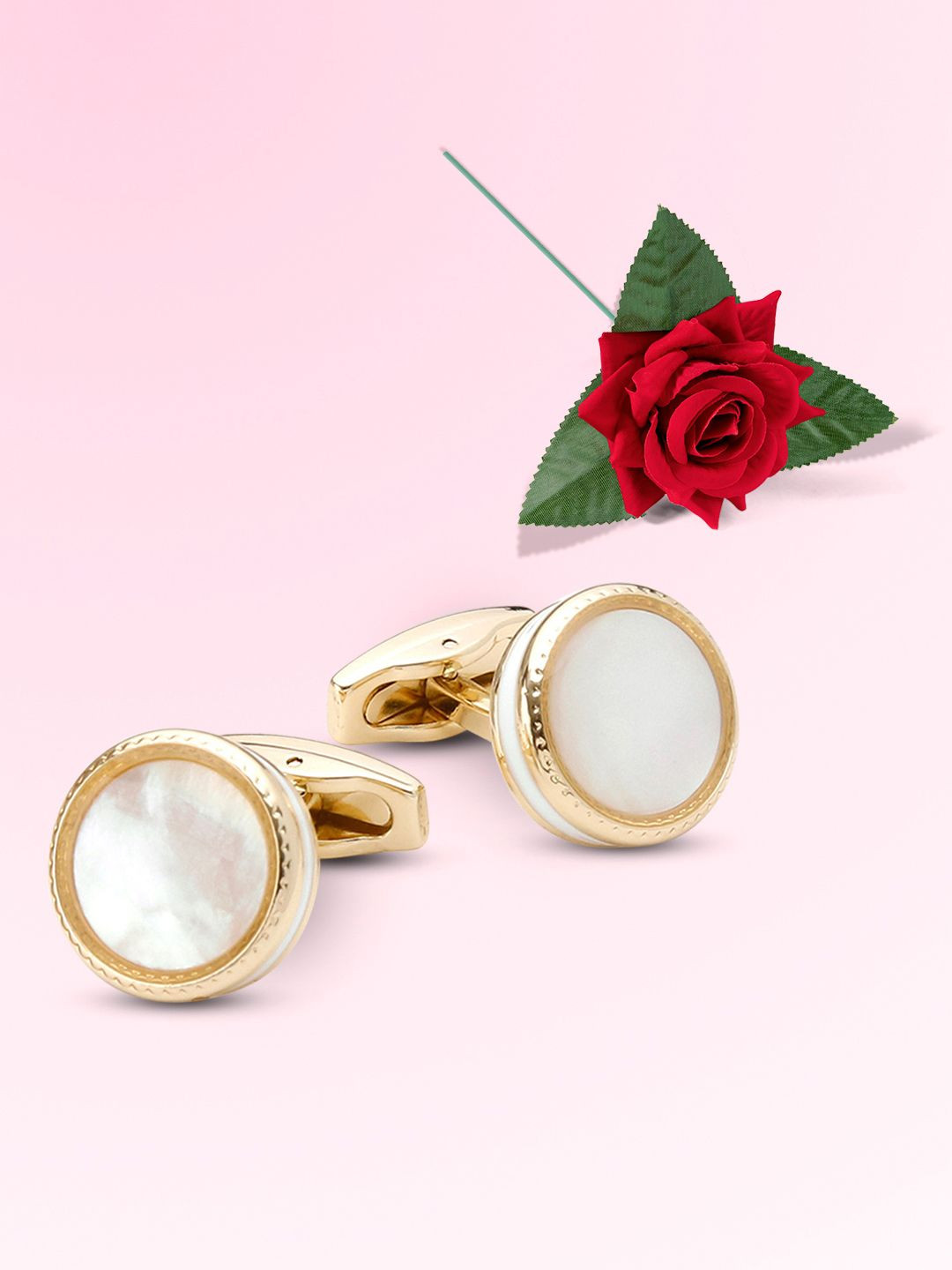 Peora Men Gold Plated Round Shape Cufflinks Set With Red Rose