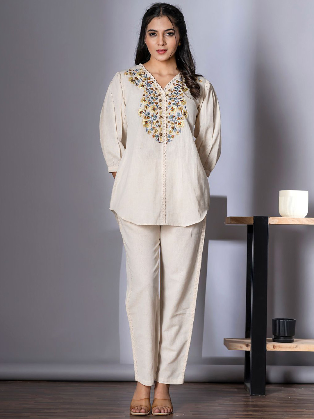 Readiprint zfloral Embroidered V-Neck Top With Trousers