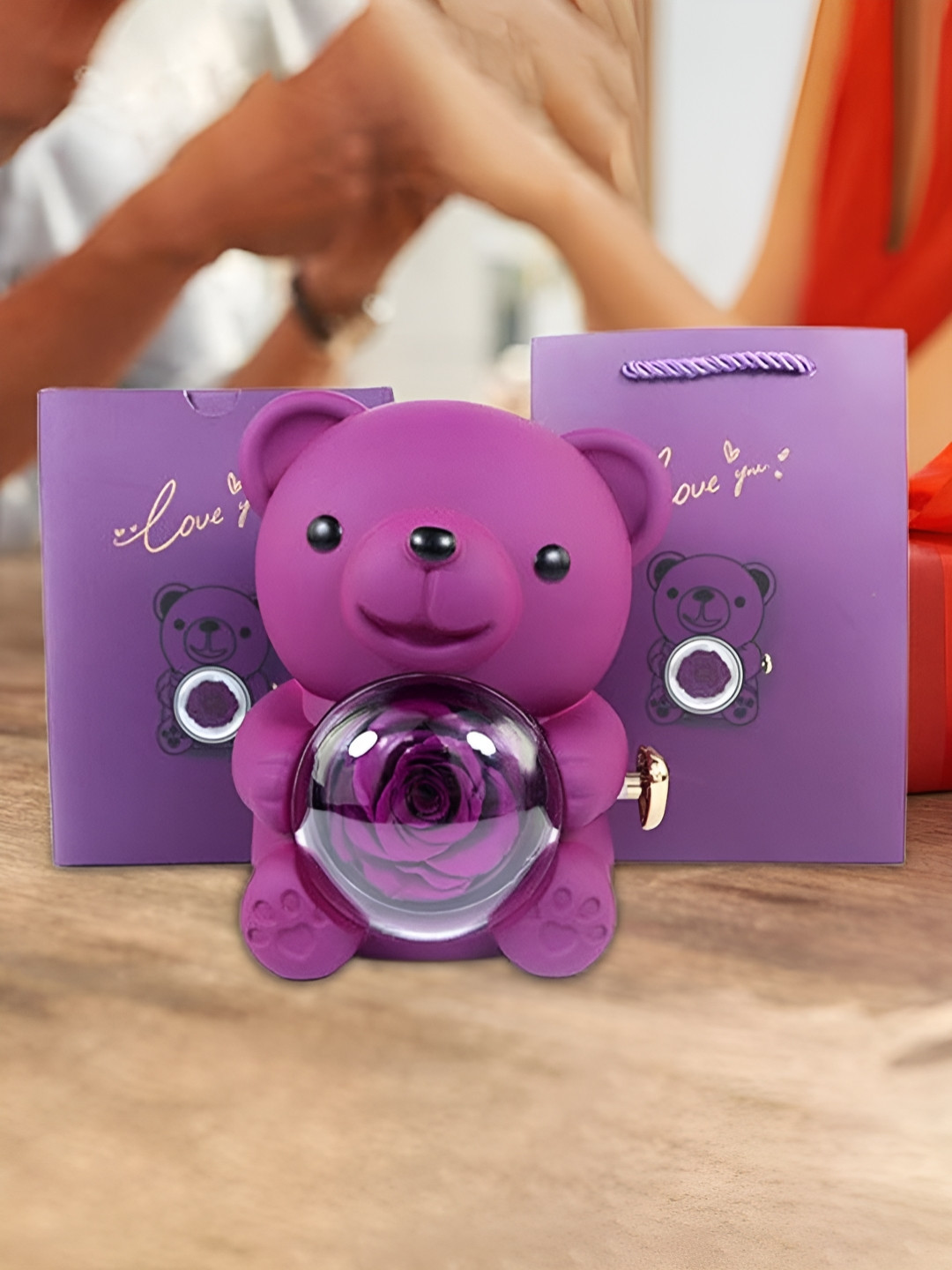 Giftii Purple Rose Teddy Bear Rotating Jewelry Box