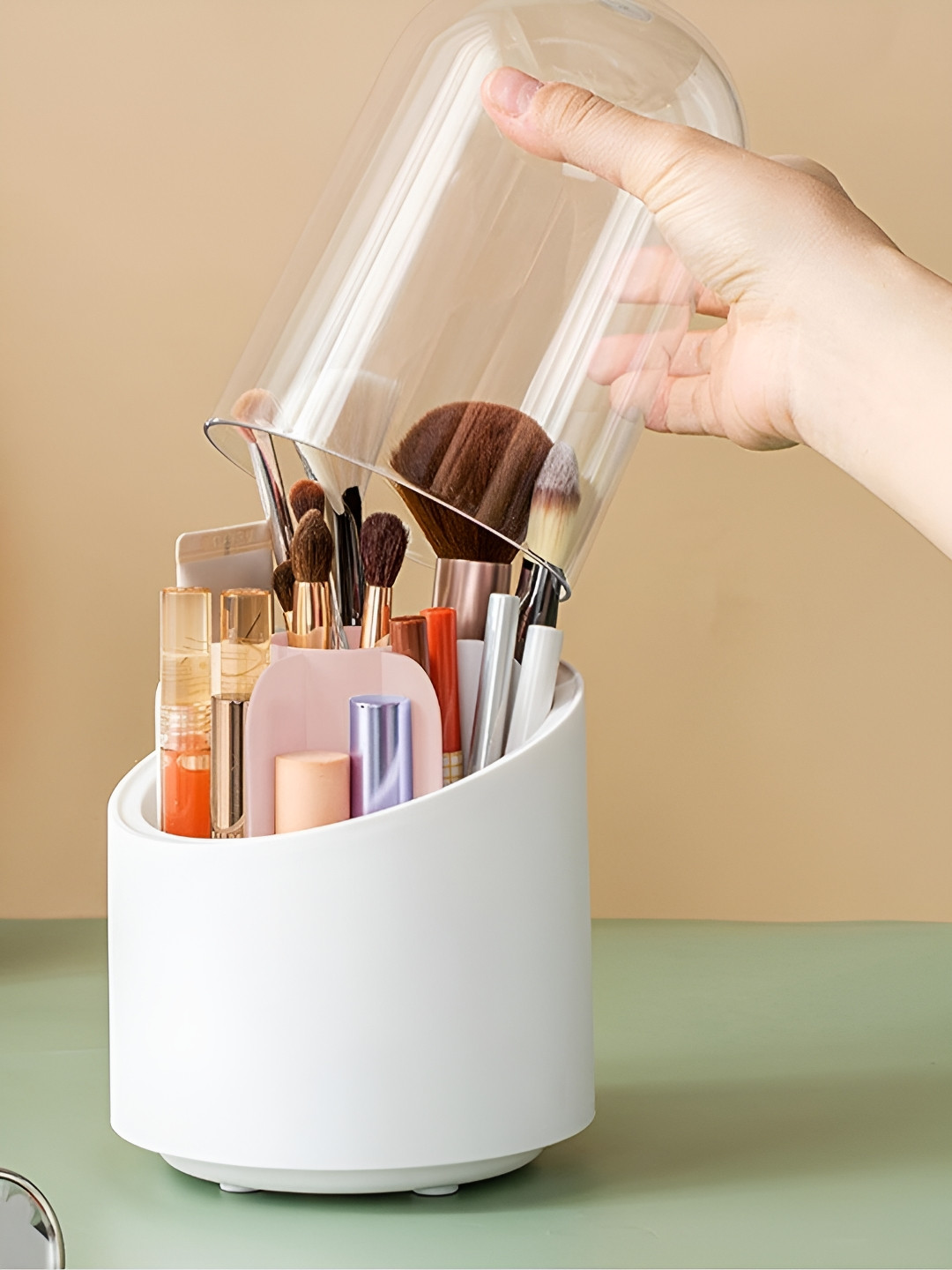 HOUSE OF QUIRK Pink & Transparent 360 Rotating Makeup Organiser