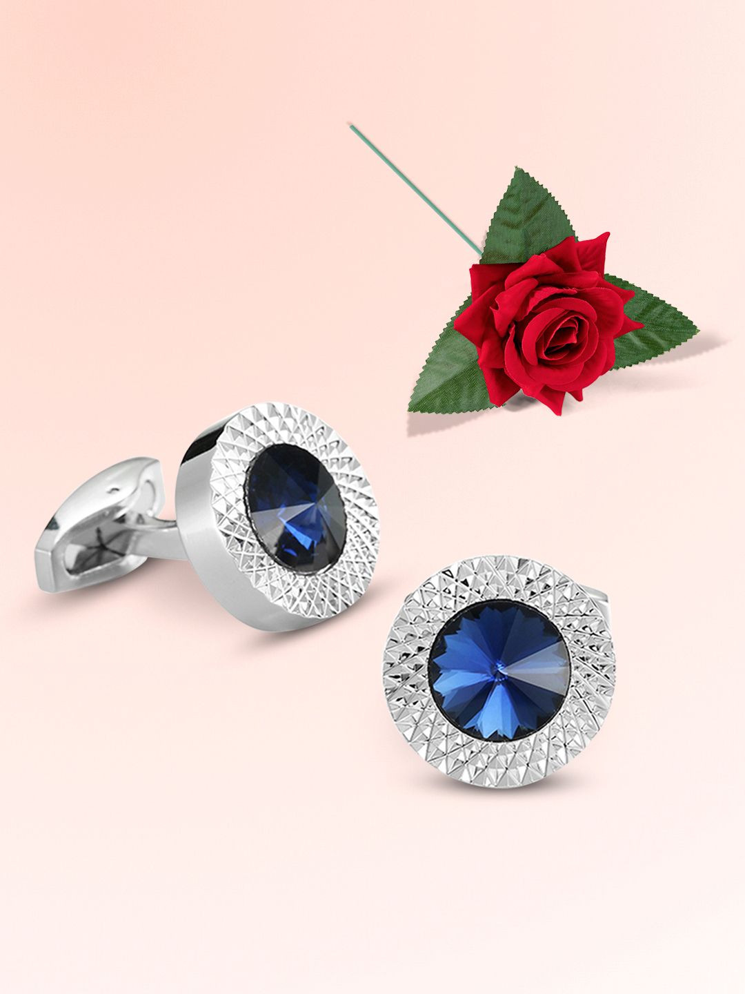 Peora Men Silver Plated Circular Crystal Cufflinks With Red Rose