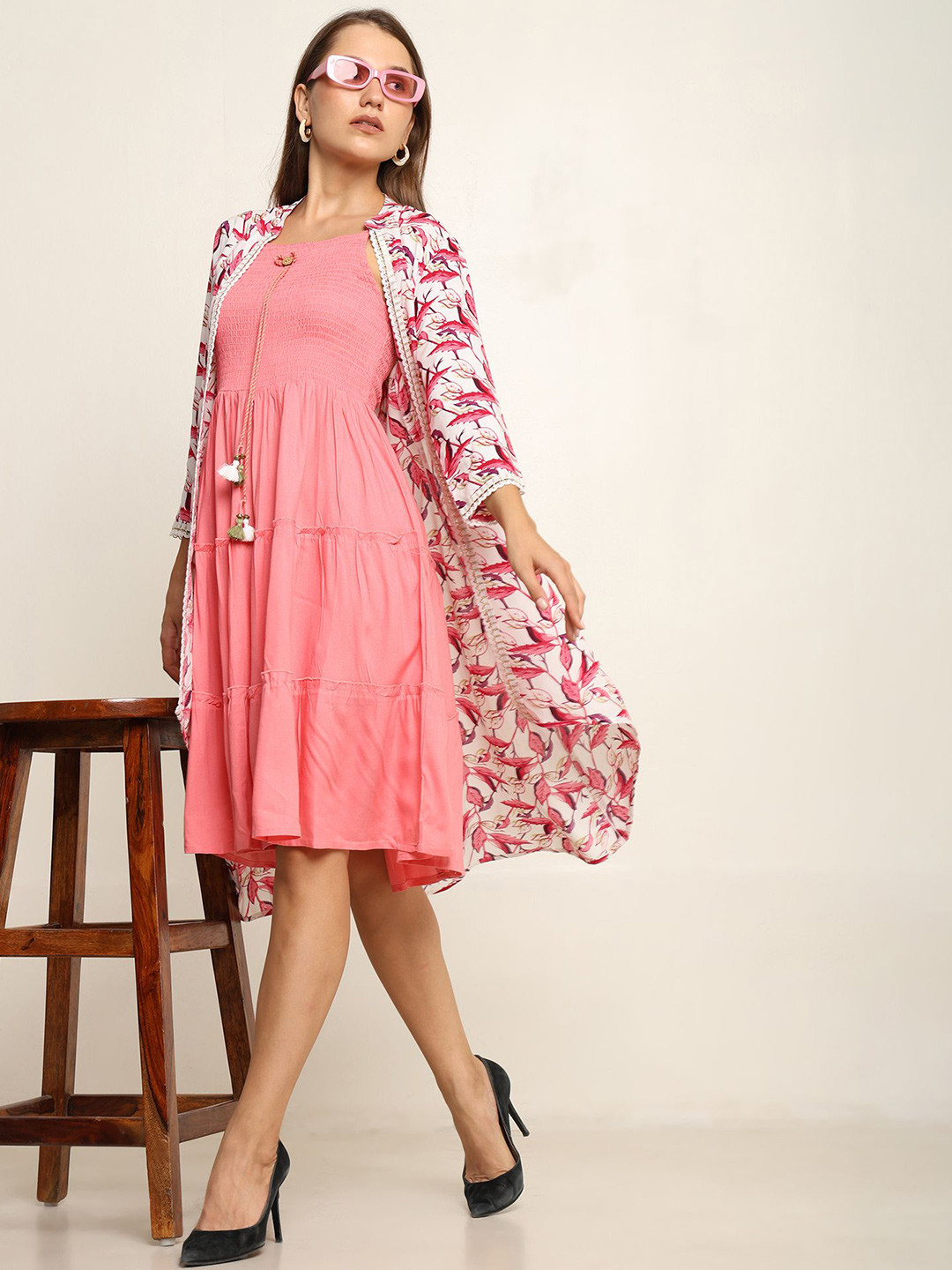 NG FASHION Fit & Flare Smocked Tiered Dress With Printed Shrug