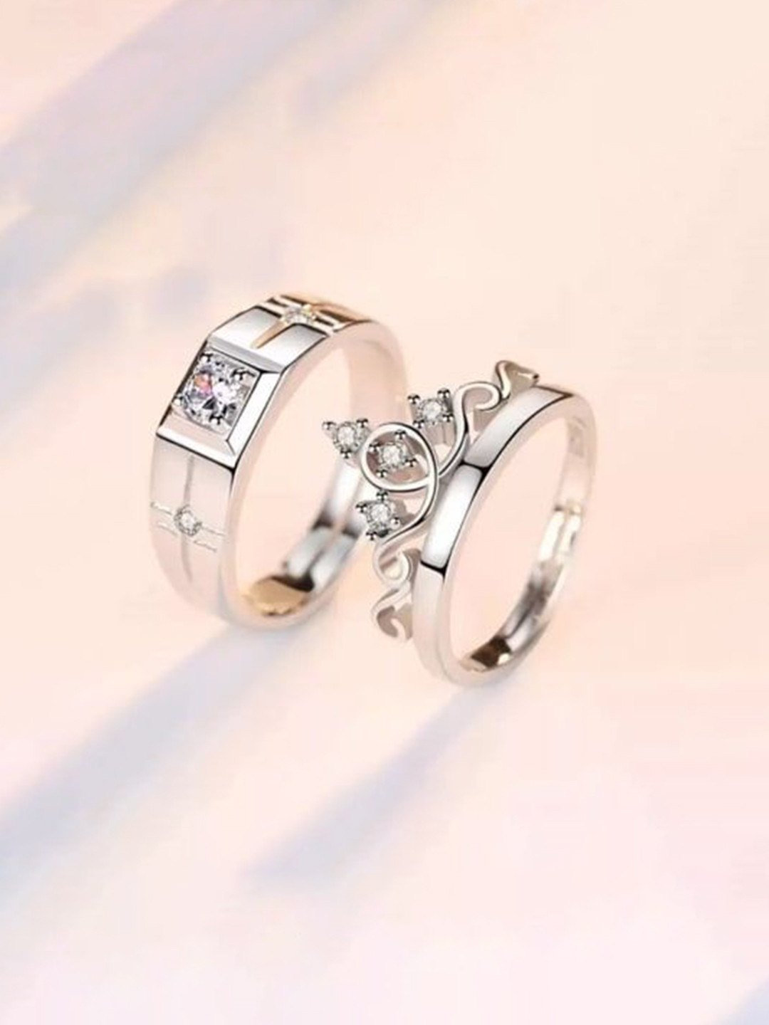 Omaya Jewels Set of 2 Silver-Plated Artificial Stone-Studded Couple Finger Rings