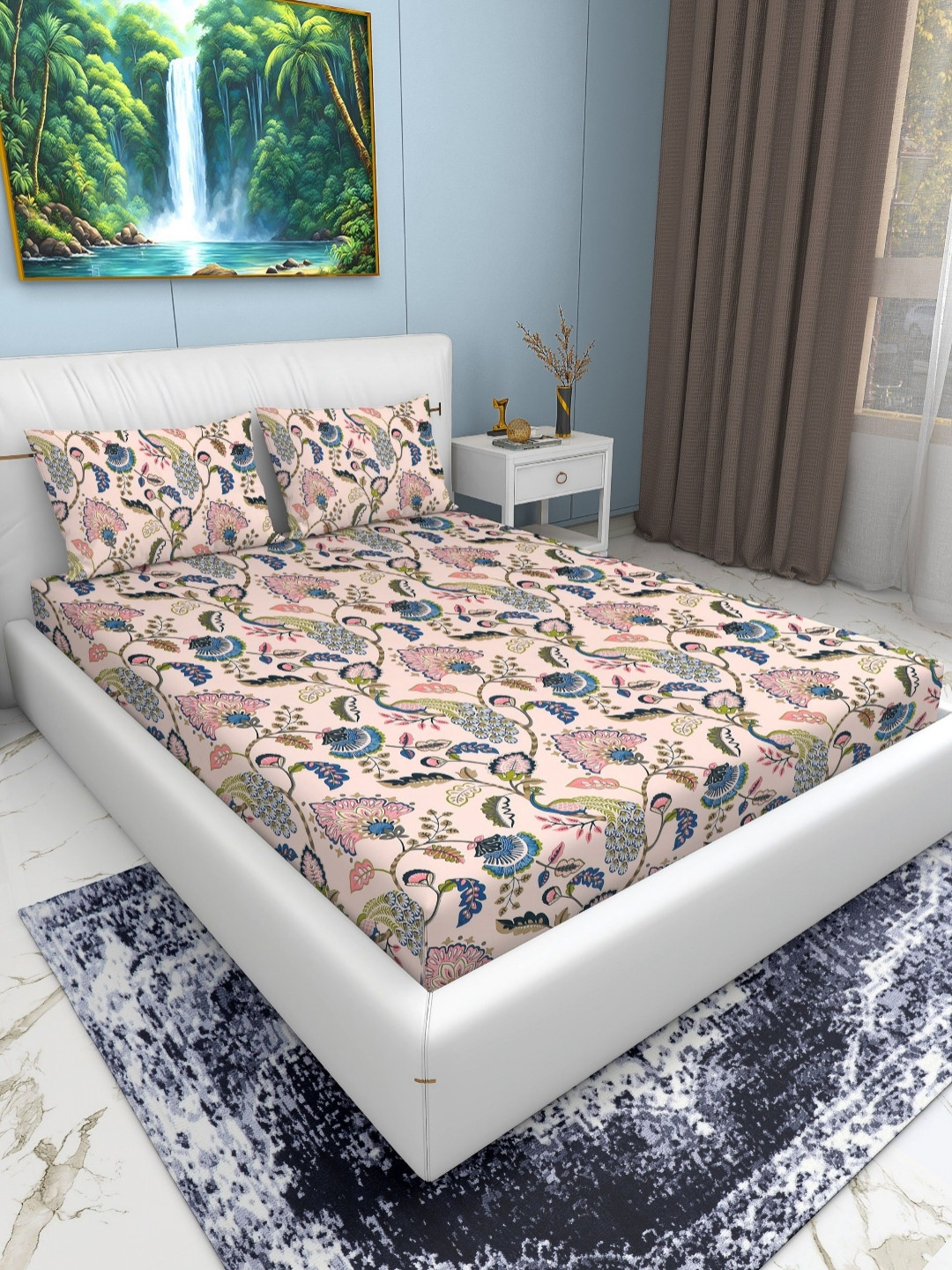 EXFAB Pink Floral Cotton 240 TC Fitted King Fine Bedsheet with 2 Pillow Covers-72 x 78 inches