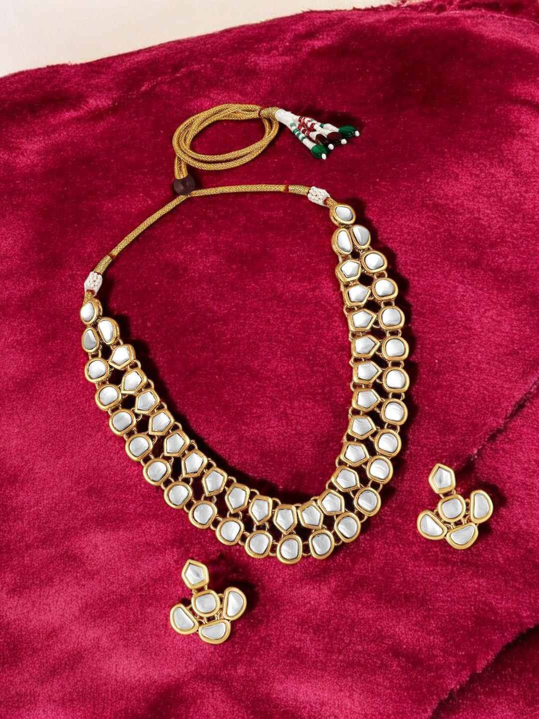 Stefan Gold-Plated Kundan Studded Necklace Adn Earrings