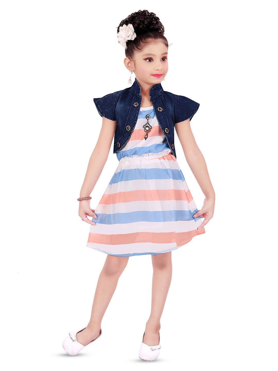 Clobay Girls Striped High Neck Denim Fit & Flare Dress