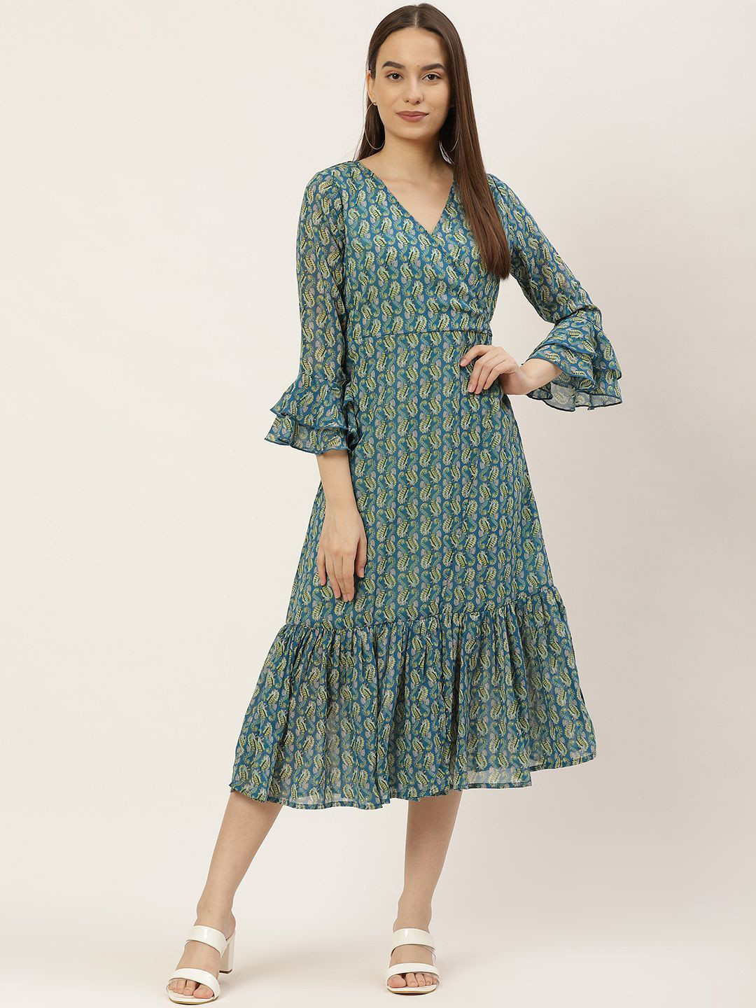 Chemistry Nautical Print Bell Sleeve Georgette Midi Wrap Dress