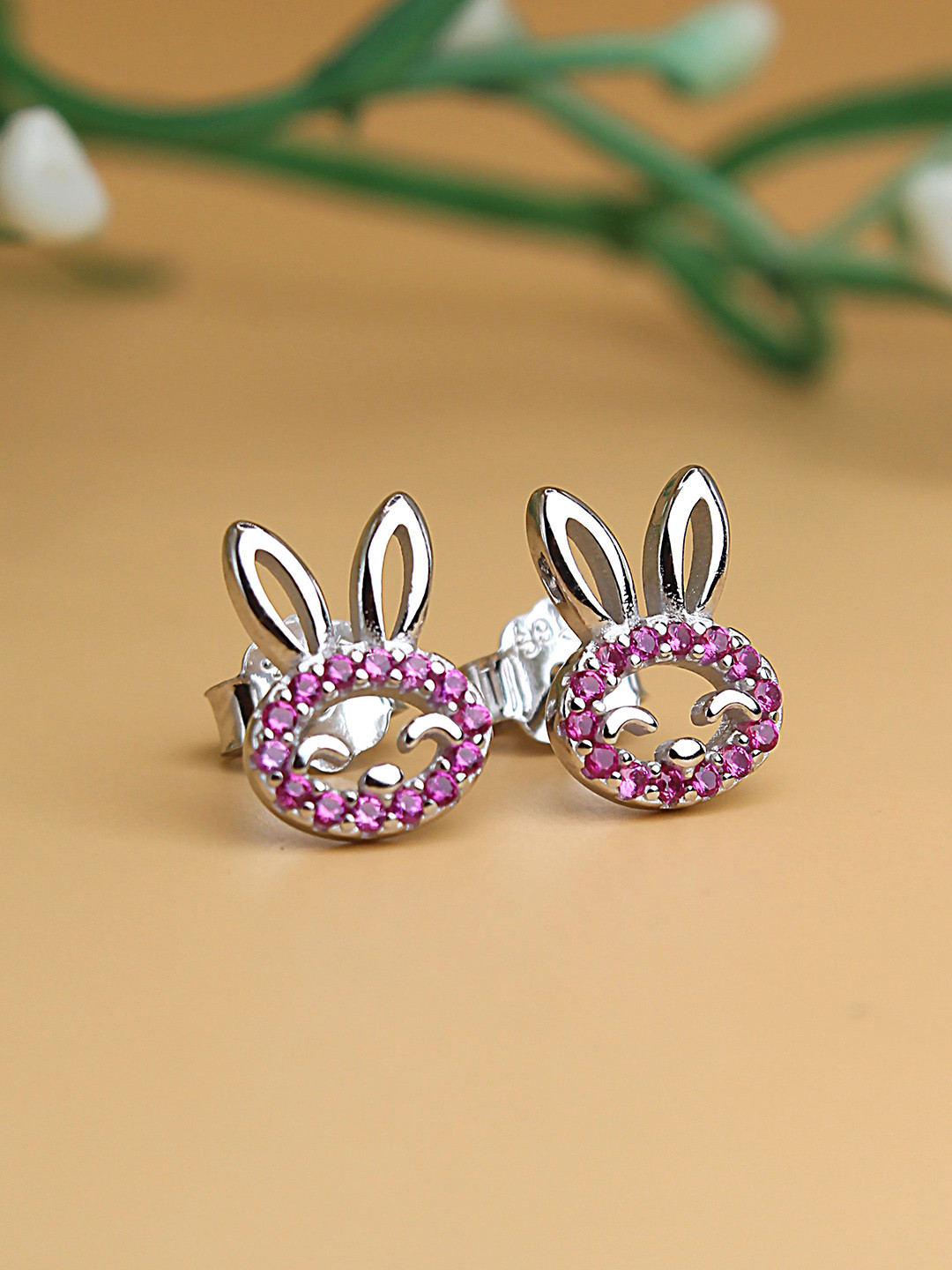DEVASHREE 925 Silver Rhodium-Plated Ruby Cubic Zirconia Studded Bunny Shaped Studs