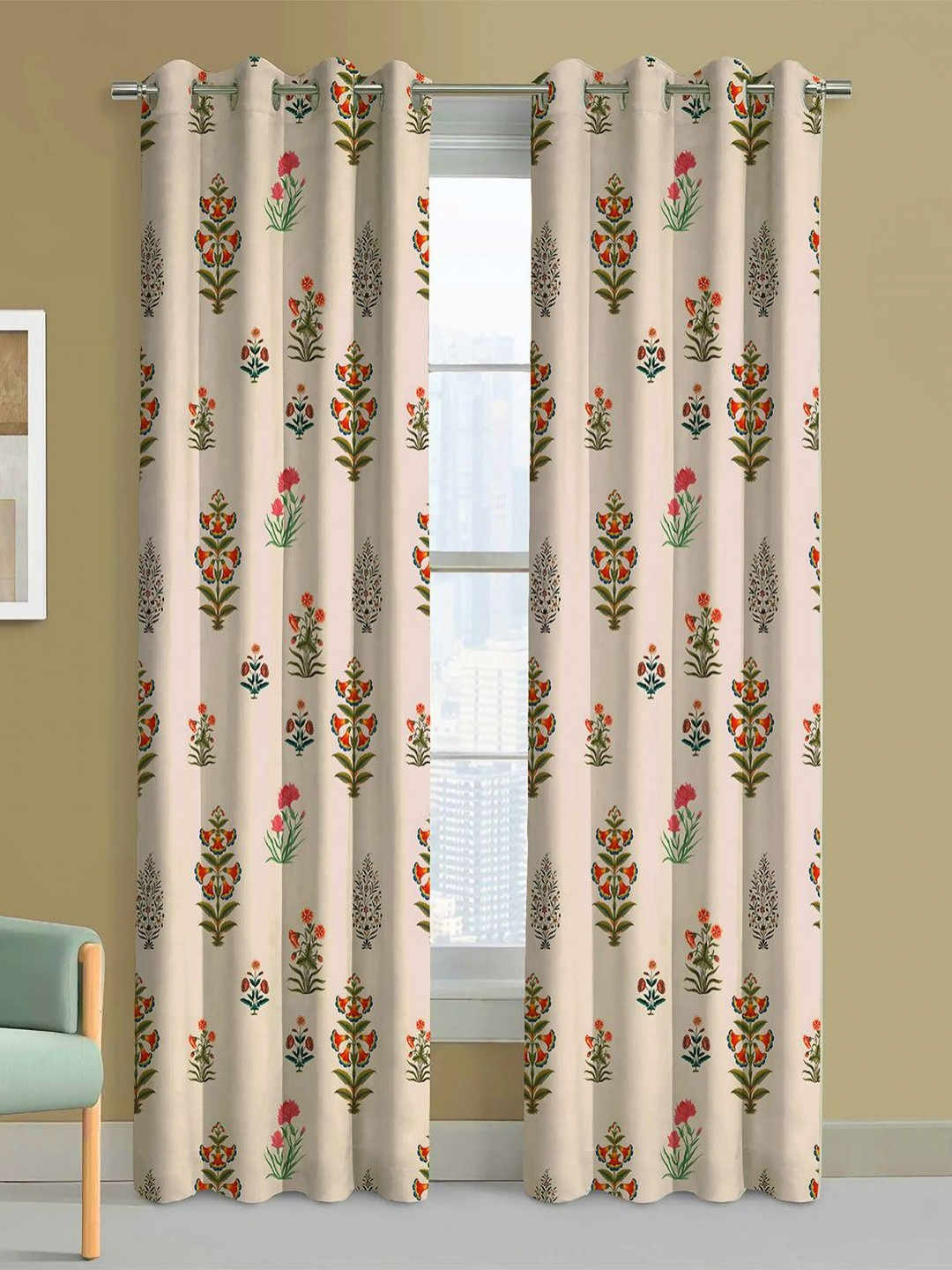 Steve & Anderson Indian Motifs Cream & Green 2 Pieces Black Out Door Curtain (7 Feet)