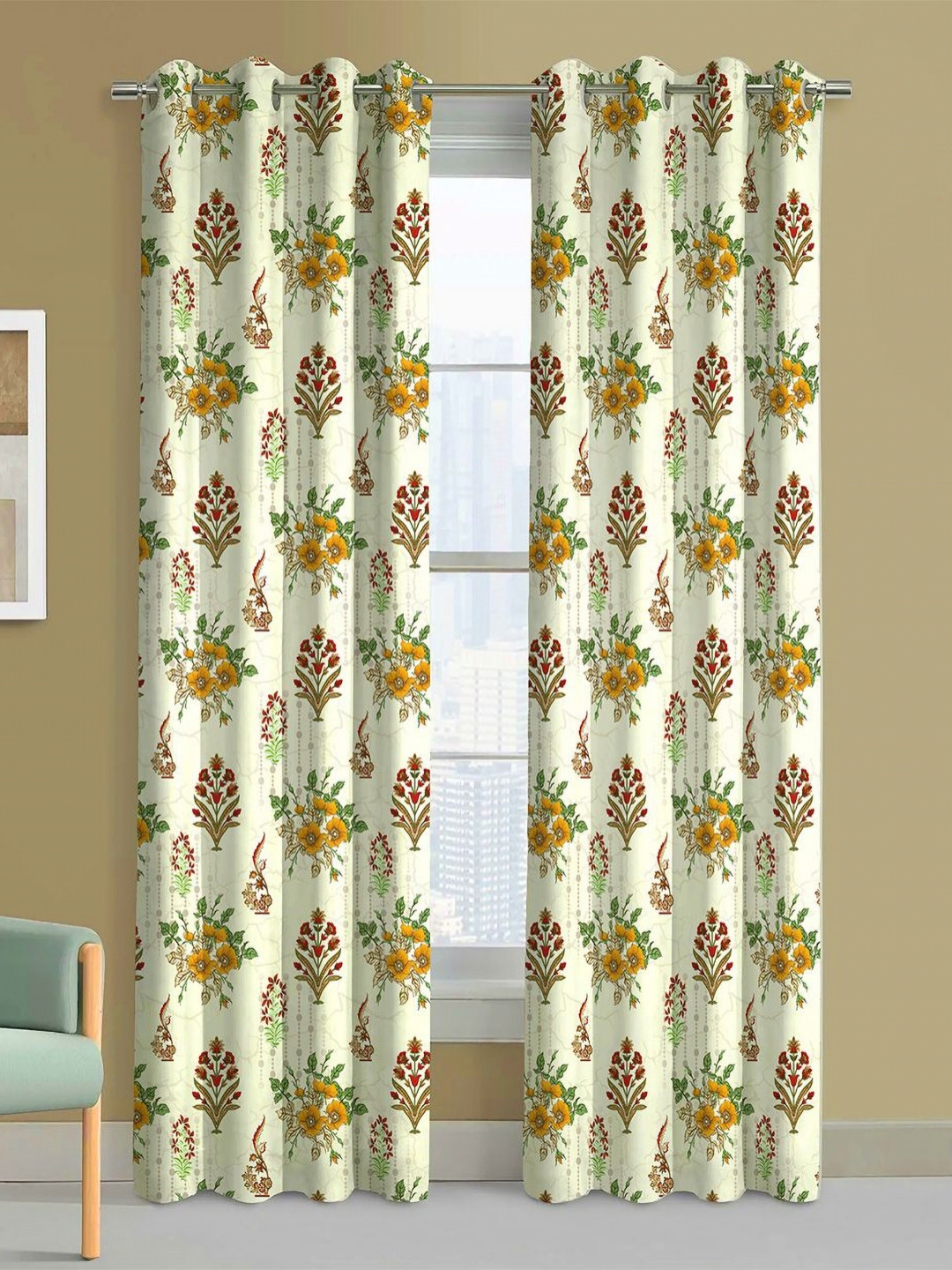 Steve & Anderson Indian Motifs Yellow And White 2 Pieces Printed Long Door Curtain (9Feet)