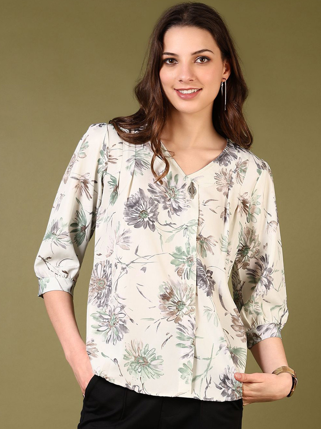 V-Mart Women Western Floral Printed V-Neck Puff Sleeves Cotton Top
